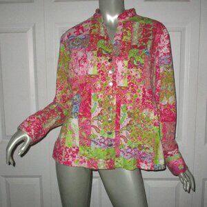 CJ BANKS Red & Pink Patchwork Pattern Denim Snap Front Jacket